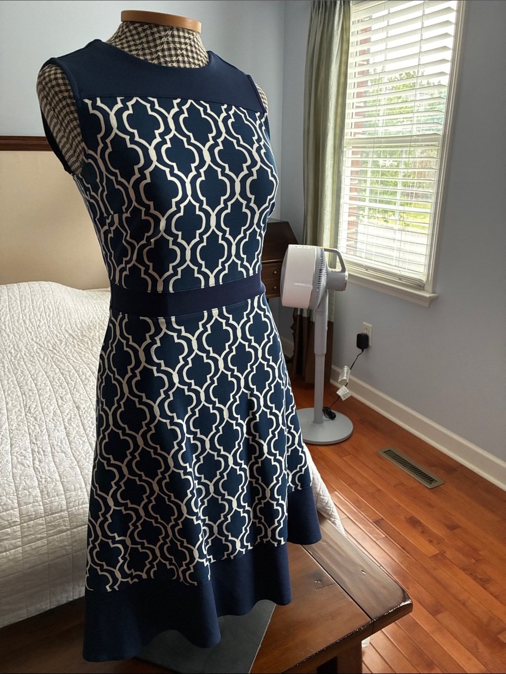Lands' End Navy and White Geometric Fit-and-Flare Dress